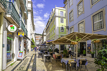 View of street cafe and restaurant on a sunny day, Lisbon, Portugal, Europe