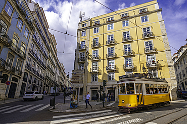 View of vintage tram in Alfama, Alfama District, Lisbon, Portugal, Europe