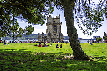 View of Belém Tower (Torre de Belém) on a sunny day, Lisbon, Portugal, Europe