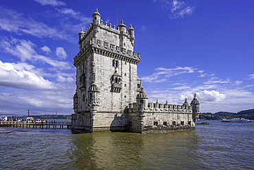 View of Belém Tower (Torre de Belém) on a sunny day, Lisbon, Portugal, Europe