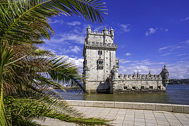 View of Belém Tower (Torre de Belém) on a sunny day, Lisbon, Portugal, Europe