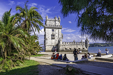 View of Belém Tower (Torre de Belém) on a sunny day, Lisbon, Portugal, Europe