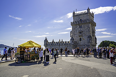 View of Belém Tower (Torre de Belém) on a sunny day, Lisbon, Portugal, Europe