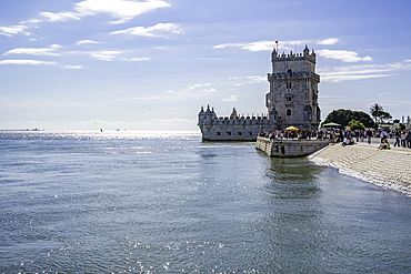 View of Belém Tower (Torre de Belém) on a sunny day, Lisbon, Portugal, Europe