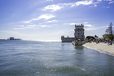 View of Belém Tower (Torre de Belém) on a sunny day, Lisbon, Portugal, Europe
