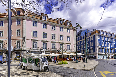 View of colourful architecture and cafes in PC Duque da Terceira on a sunny day, Lisbon, Portugal, Europe