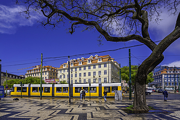 View of a modern tram in PC Duque da Terceira on a sunny day, Lisbon, Portugal, Europe