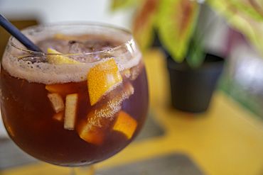 View of glass of sangria in restaurant, Alfama District, Lisbon, Portugal, Europe