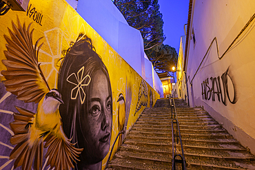 View of colourful graffiti and steps leading to Church of Our Lady of Grace at dusk in the Alfama District, Lisbon, Portugal, Europe