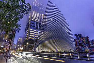 View of exterior of the Oculus transportation hub at the World Trade Center at dusk in Lower Manhattan, New York City, United States of America, North America