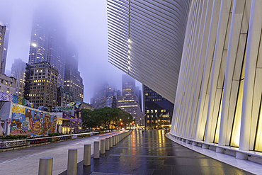 View of exterior of the Oculus transportation hub at the World Trade Center at dusk in Lower Manhattan, New York City, United States of America, North America