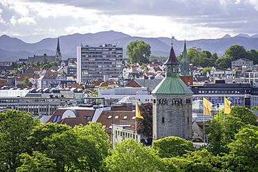 Aerial view of Valberget Utsiktspunkt and Stavanger skyline during daytime, Stavanger, Norway, Scandinavia, Europe