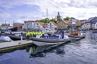 View of watersport activities and Stavanger skyline during daytime, Stavanger, Norway, Scandinavia, Europe