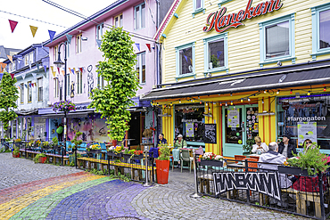 View of colourful shops and cafes in Fargegaten during daytime, Stavanger, Norway, Scandinavia, Europe