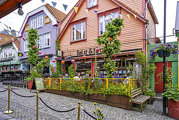 View of colourful shops and cafes in Fargegaten during daytime, Stavanger, Norway, Scandinavia, Europe