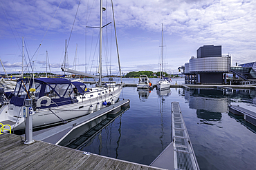 View of Norwegian Petroleum Museum and Stavanger Marina boats during daytime, Stavanger, Norway, Scandinavia, Europe