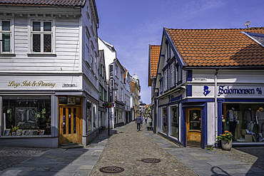 View of colourful shops and cafes in Fargegaten during daytime, Stavanger, Norway, Scandinavia, Europe