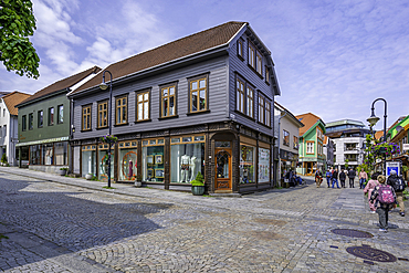 View of colourful shops and cafes in Fargegaten during daytime, Stavanger, Norway, Scandinavia, Europe