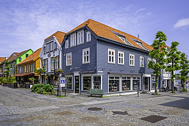 View of colourful shops and cafes in Fargegaten during daytime, Stavanger, Norway, Scandinavia, Europe
