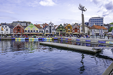 View of reflections in harbour and Stavanger skyline during daytime, Stavanger, Norway, Scandinavia, Europe