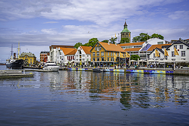 View of reflections in harbour and Stavanger skyline during daytime, Stavanger, Norway, Scandinavia, Europe