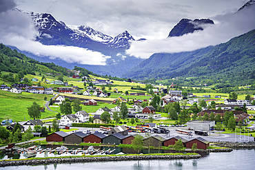 Aerial view of Olden village and mountains in Nordfjorden during summer, Norway, Scandinavia, Europe