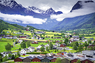 Aerial view of Olden village and mountains in Nordfjorden during summer, Norway, Scandinavia, Europe