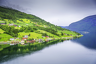 Aerial view of shoreline near Olden village and mountains in Nordfjorden during summer, Norway, Scandinavia, Europe
