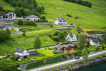 Aerial view of shoreline near Olden village and mountains in Nordfjorden during summer, Norway, Scandinavia, Europe