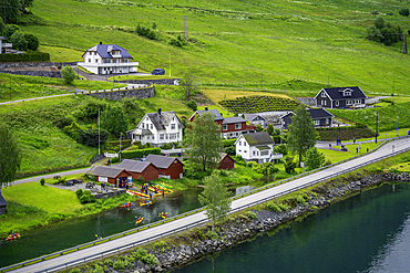 Aerial view of watersport and shoreline near Olden village in Nordfjorden during summer, Norway, Scandinavia, Europe