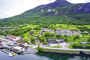 Aerial view of Olden village and mountains in Nordfjorden during summer, Norway, Scandinavia, Europe