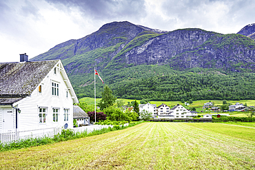 View of Olden village and mountains in Nordfjorden during summer, Norway, Scandinavia, Europe