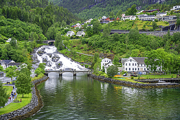 Aerial view of Hellesylt, Sunnylvsfjorden, Stranda Municipality, Norway, Scandinavia, Europe