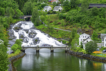 Aerial view of Hellesylt waterfall in Hellesylt, Sunnylvsfjorden, Stranda Municipality, Norway, Scandinavia, Europe