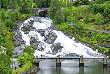 Aerial view of Hellesylt waterfall in Hellesylt, Sunnylvsfjorden, Stranda Municipality, Norway, Scandinavia, Europe