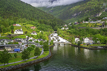 Aerial view of Hellesylt, Sunnylvsfjorden, Stranda Municipality, Norway, Scandinavia, Europe