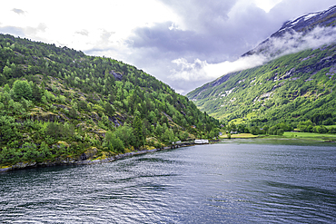 Aerial view of Sunnylvsfjorden from Hellesylt, Stranda Municipality, Norway, Scandinavia, Europe