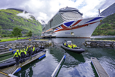 View of cruise ship in Hellesylt, Sunnylvsfjorden, Stranda Municipality, Norway, Scandinavia, Europe