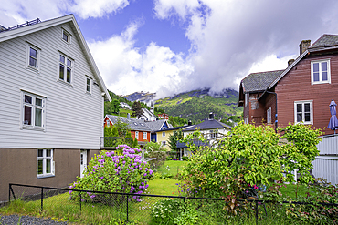 View of Sunnylven church and colourful houses in Hellesylt, Sunnylvsfjorden, Stranda Municipality, Norway, Scandinavia, Europe