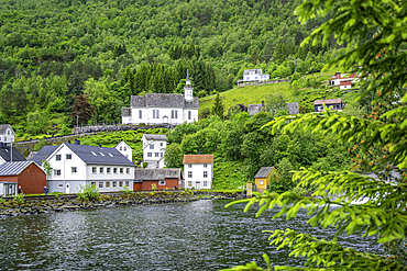 View of Sunnylven church and colourful houses in Hellesylt, Sunnylvsfjorden, Stranda Municipality, Norway, Scandinavia, Europe