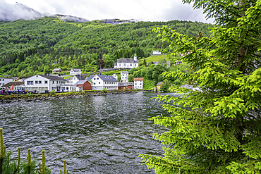 View of Sunnylven church and colourful houses in Hellesylt, Sunnylvsfjorden, Stranda Municipality, Norway, Scandinavia, Europe