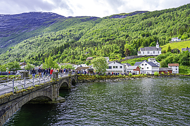 View of Sunnylven church and bridge in Hellesylt, Sunnylvsfjorden, Stranda Municipality, Norway, Scandinavia, Europe