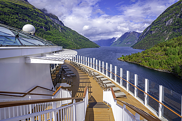 View of Sunnylvsfjorden from cruise ship in Hellesylt, Stranda Municipality, Norway, Scandinavia, Europe