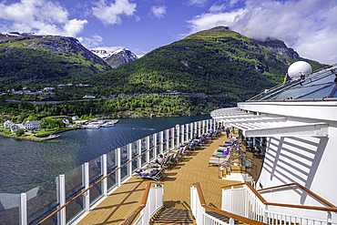 View of Hellesylt from cruise ship in Hellesylt, Stranda Municipality, Norway, Scandinavia, Europe