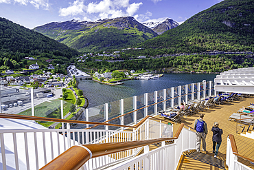 View of Hellesylt from cruise ship in Hellesylt, Stranda Municipality, Norway, Scandinavia, Europe
