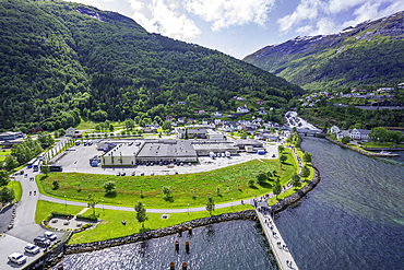 Aerial view of Hellesylt on a sunny day, Stranda Municipality, Norway, Scandinavia, Europe