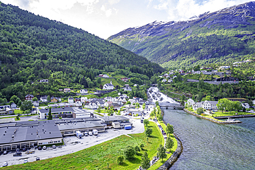 Aerial view of Hellesylt on a sunny day, Stranda Municipality, Norway, Scandinavia, Europe