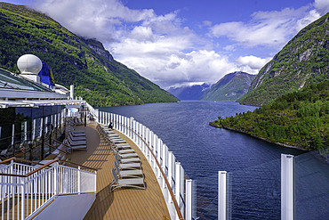Aerial view of Sunnylvsfjorden from cruise ship in Hellesylt, Stranda Municipality, Norway, Scandinavia, Europe