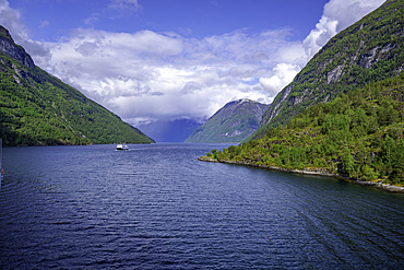 Aerial view of Sunnylvsfjorden from Hellesylt, Stranda Municipality, Norway, Scandinavia, Europe