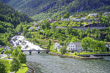 Aerial view of Hellesylt on a sunny day, Stranda Municipality, Norway, Scandinavia, Europe